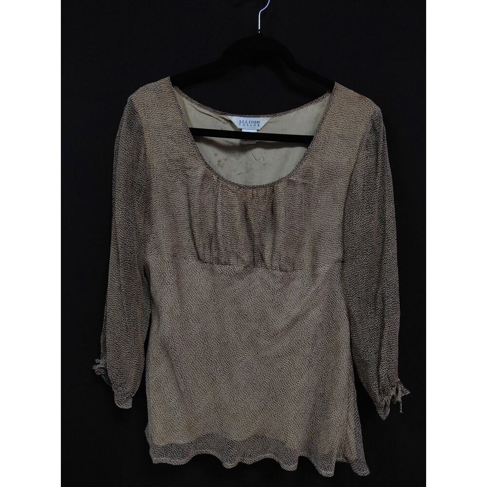 ALLISON TAYLOR Silk Blouse Brown Solid 3/4 Sleeve 100% Silk Women Size L